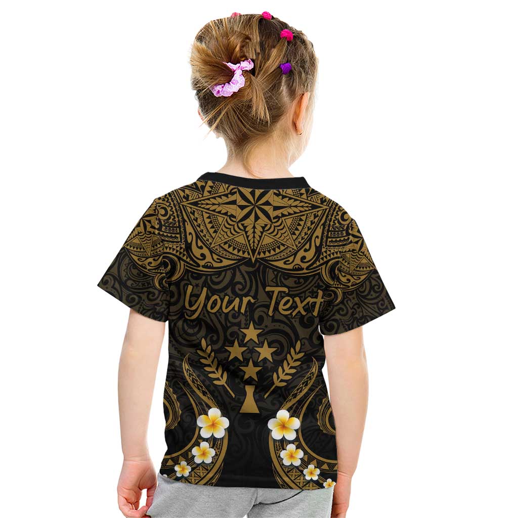 Personalised Kosrae Liberation Day Kid T Shirt Polynesian Tattoo and Plumeria Gold Color