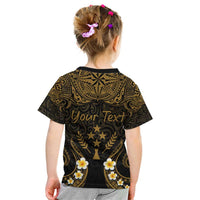 Personalised Kosrae Liberation Day Kid T Shirt Polynesian Tattoo and Plumeria Gold Color