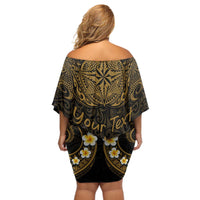 Personalised Kosrae Liberation Day Off Shoulder Short Dress Polynesian Tattoo and Plumeria Gold Color
