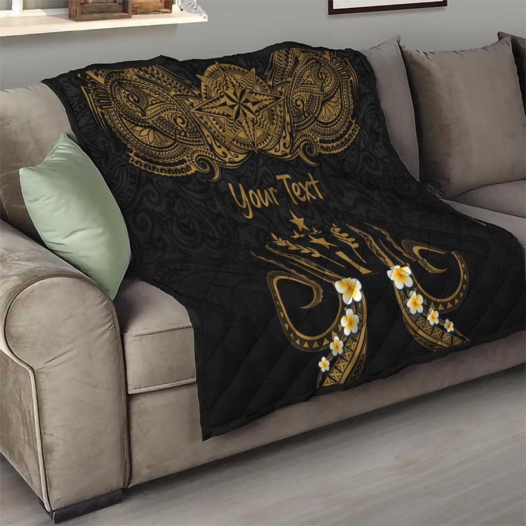 Personalised Kosrae Liberation Day Quilt Polynesian Tattoo and Plumeria Gold Color