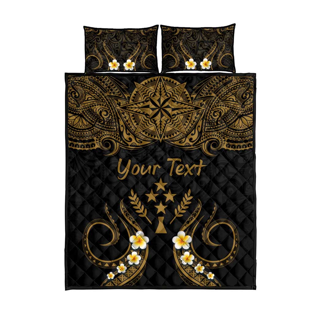 Personalised Kosrae Liberation Day Quilt Bed Set Polynesian Tattoo and Plumeria Gold Color