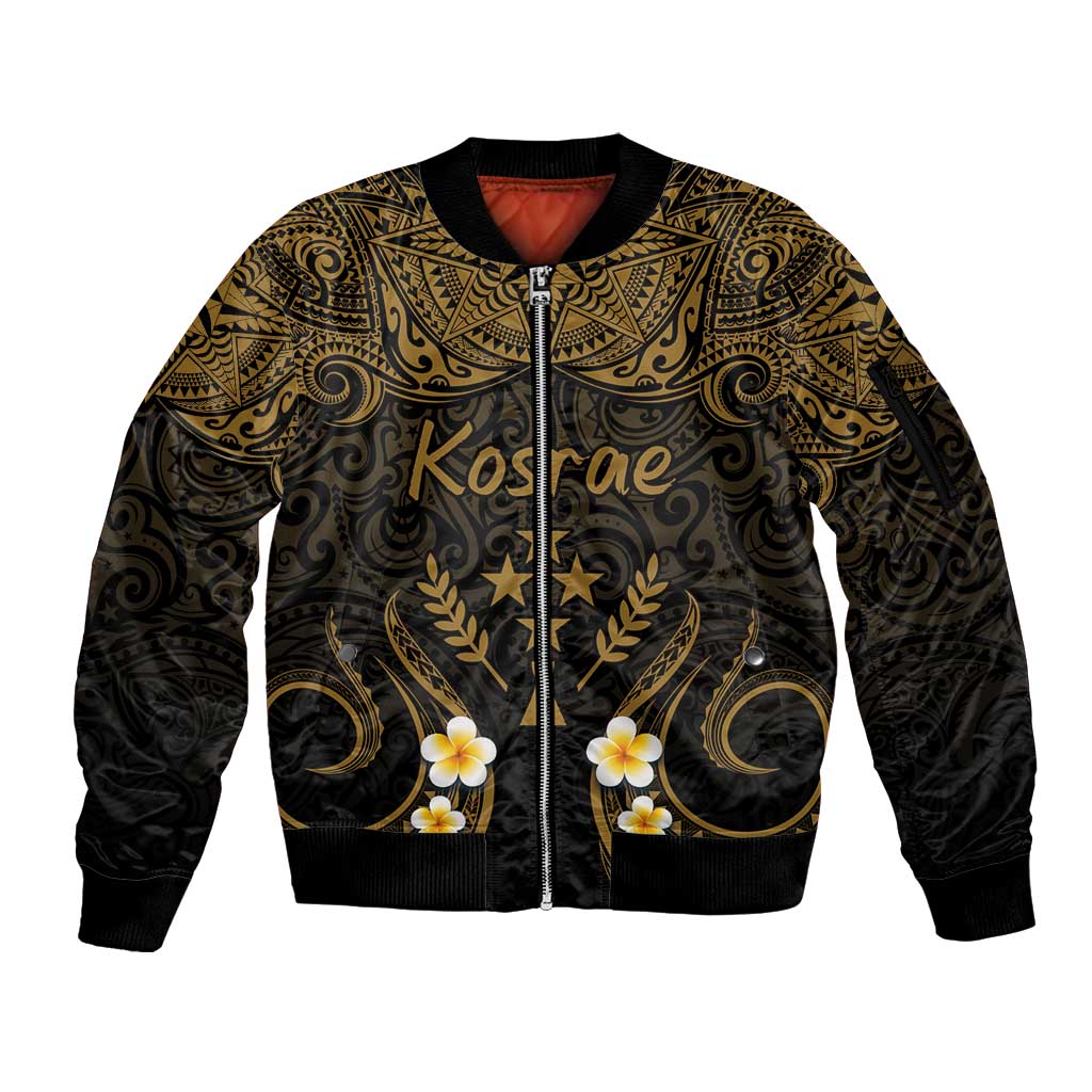Personalised Kosrae Liberation Day Sleeve Zip Bomber Jacket Polynesian Tattoo and Plumeria Gold Color LT03 Unisex Gold - Polynesian Pride