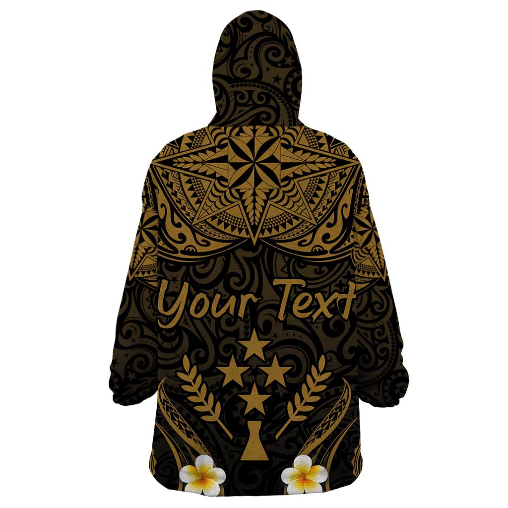 Personalised Kosrae Liberation Day Wearable Blanket Hoodie Polynesian Tattoo and Plumeria Gold Color