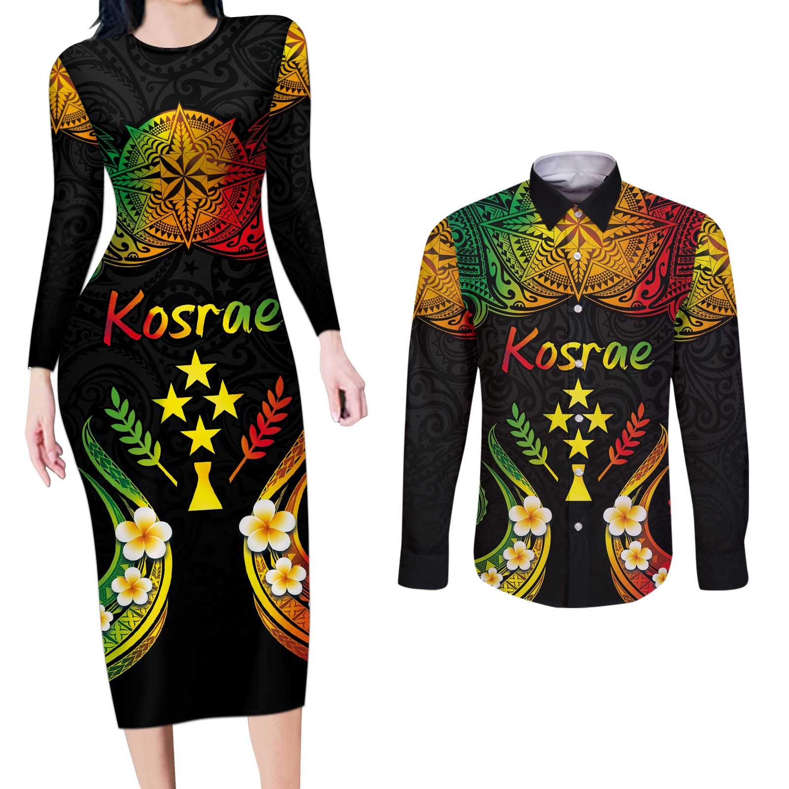 Personalised Kosrae Liberation Day Couples Matching Long Sleeve Bodycon Dress and Long Sleeve Button Shirt Polynesian Tattoo and Plumeria Reggae Color LT03 Reggae - Polynesian Pride