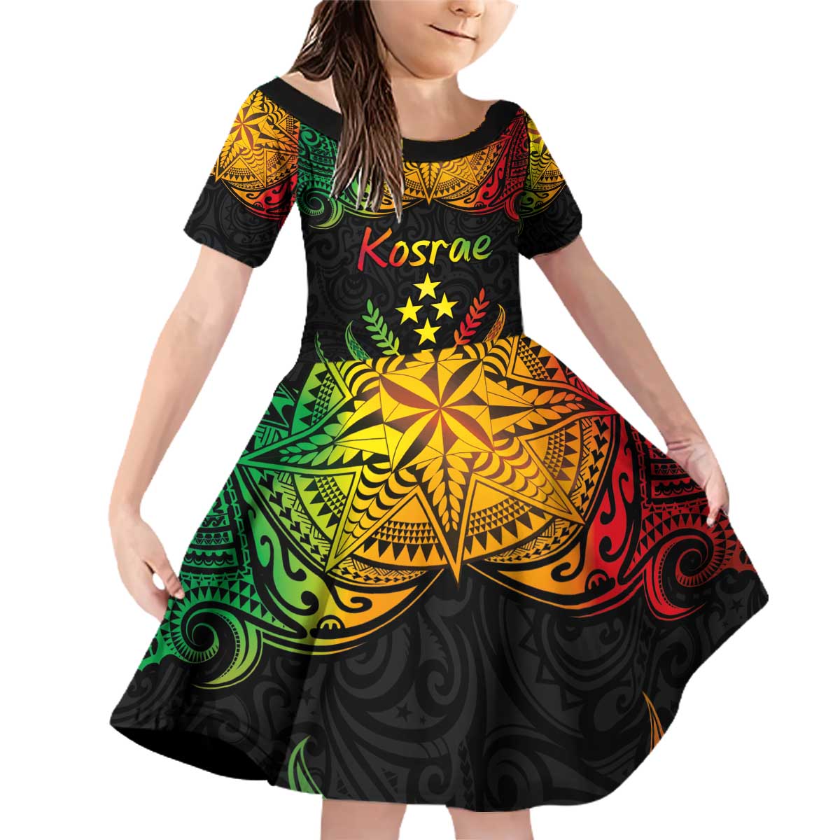 Personalised Kosrae Liberation Day Family Matching Off Shoulder Short Dress and Hawaiian Shirt Polynesian Tattoo and Plumeria Reggae Color