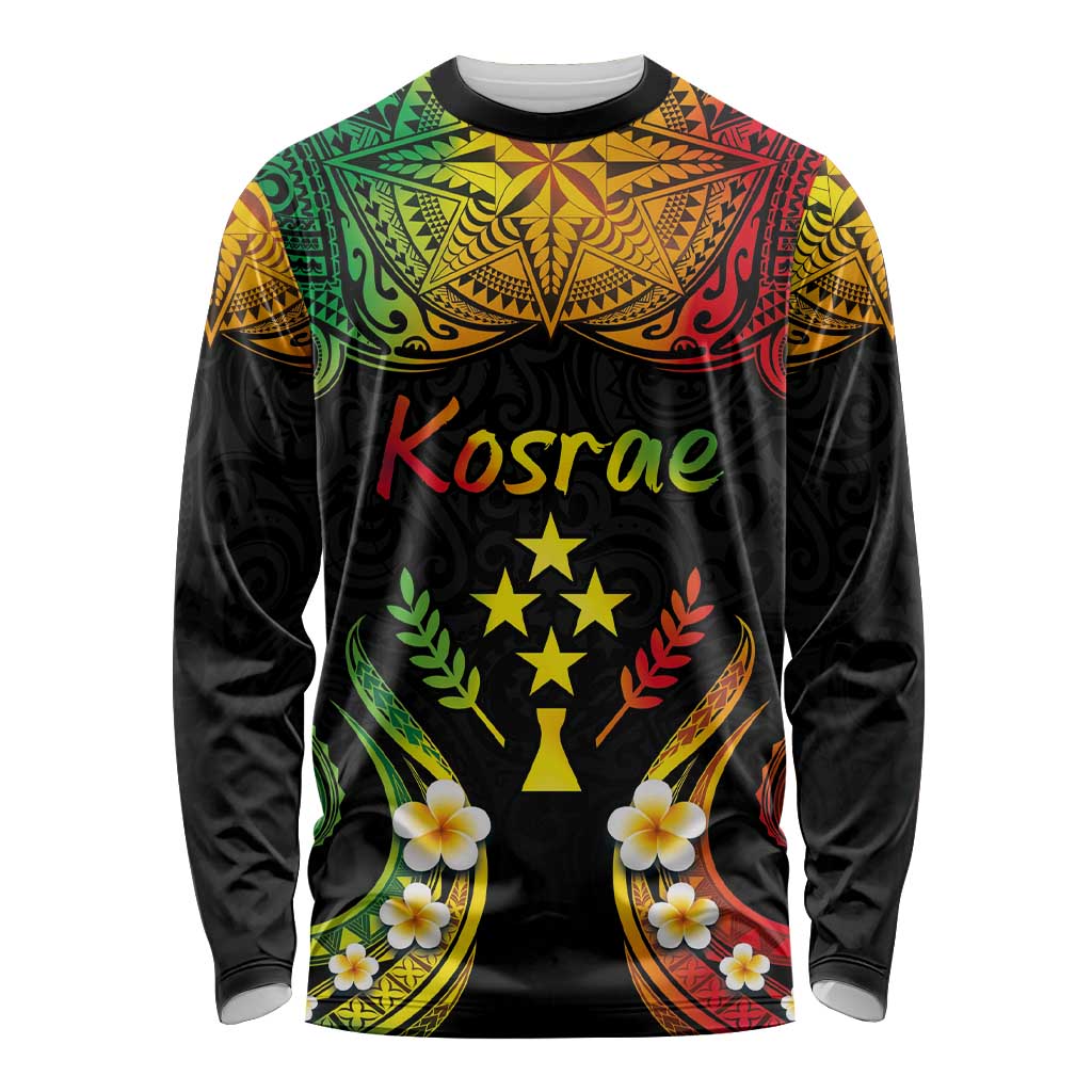 Personalised Kosrae Liberation Day Long Sleeve Shirt Polynesian Tattoo and Plumeria Reggae Color LT03 Unisex Reggae - Polynesian Pride