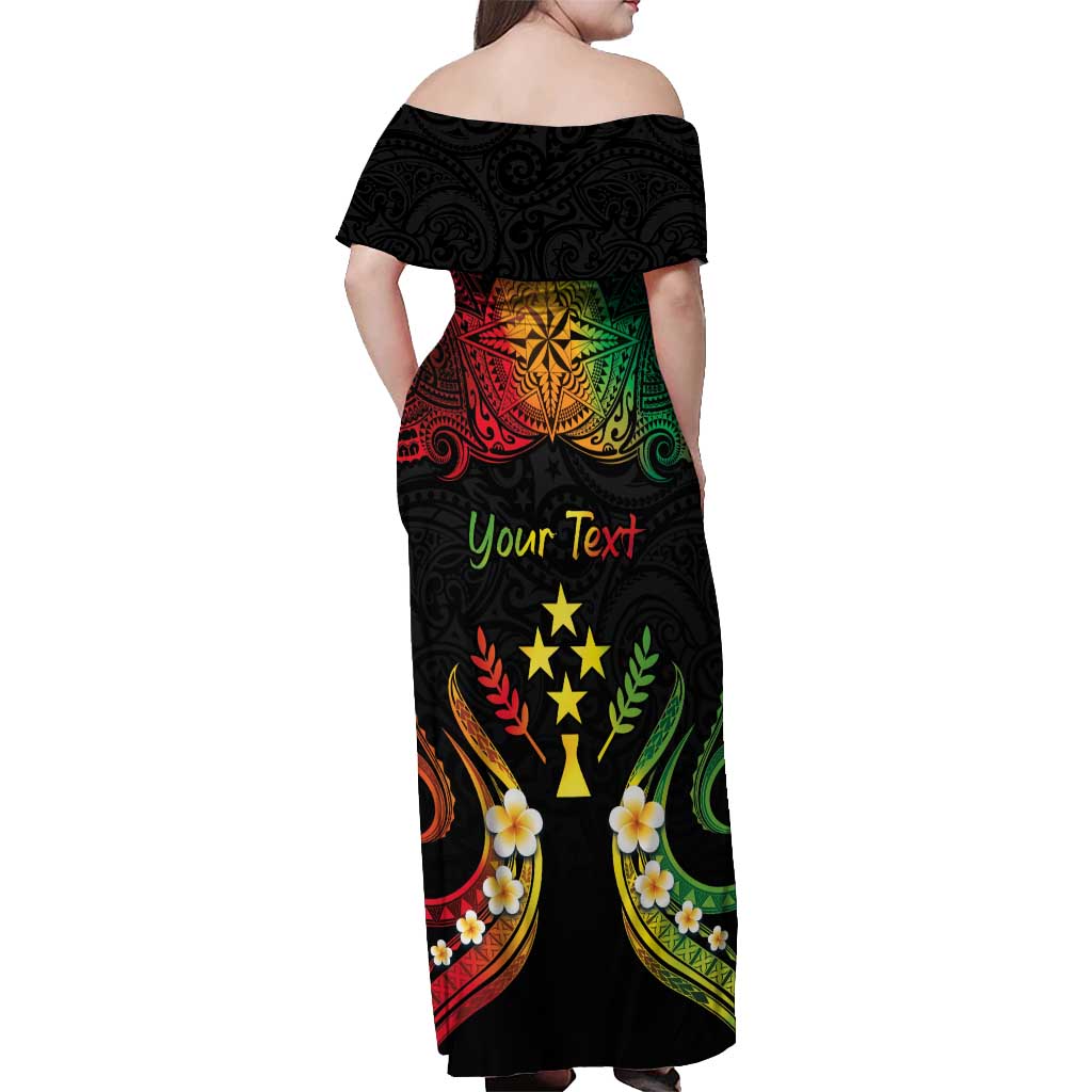 Personalised Kosrae Liberation Day Off Shoulder Maxi Dress Polynesian Tattoo and Plumeria Reggae Color
