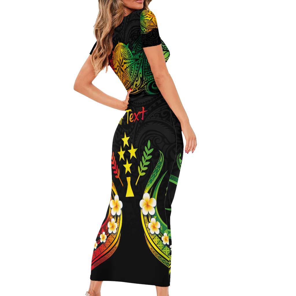 Personalised Kosrae Liberation Day Short Sleeve Bodycon Dress Polynesian Tattoo and Plumeria Reggae Color