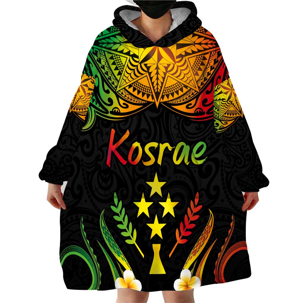 Personalised Kosrae Liberation Day Wearable Blanket Hoodie Polynesian Tattoo and Plumeria Reggae Color