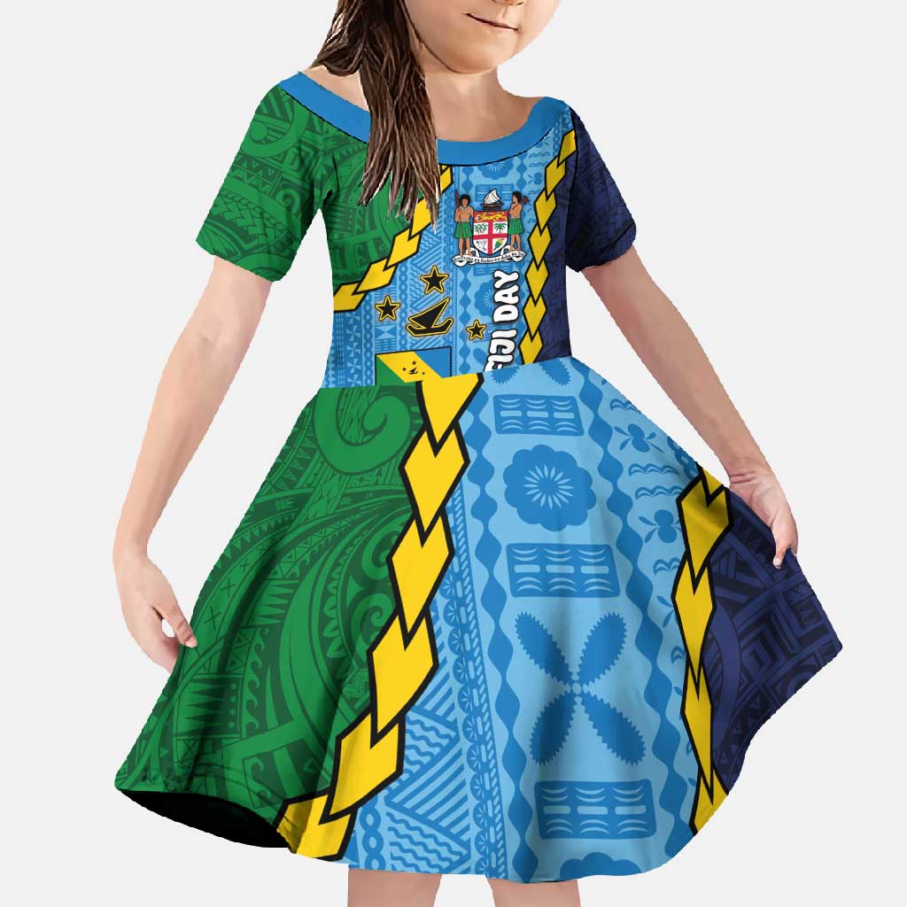 Malampa Fiji Day Family Matching Short Sleeve Bodycon Dress and Hawaiian Shirt National Symbols with Tapa Tribal and Polynesian Tattoo LT03 Daughter's Dress Blue - Polynesian Pride