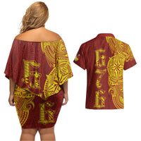 Tonga 676 Ngatu Tribal Tattoo Couples Matching Off Shoulder Short Dress and Hawaiian Shirt