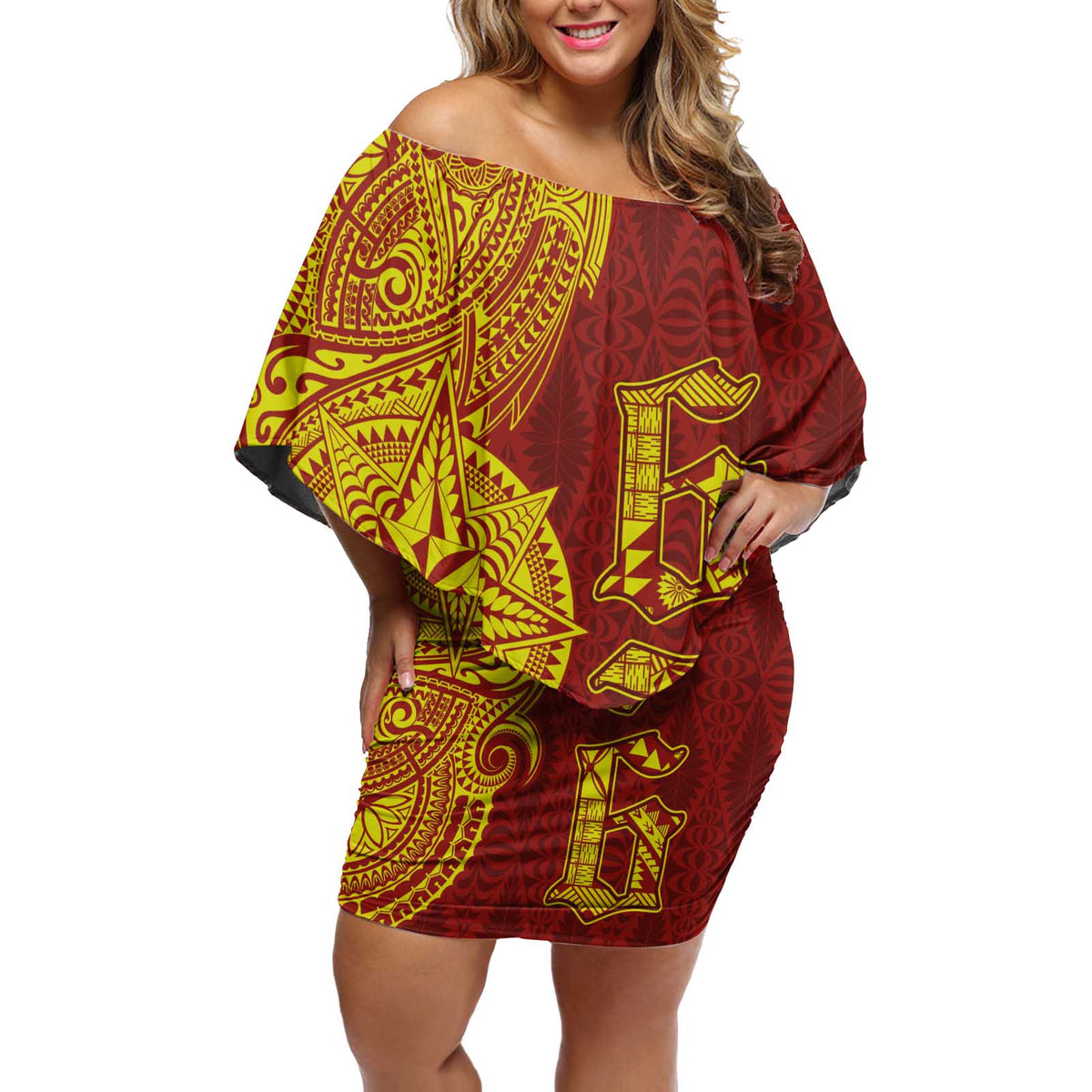 Tonga 676 Ngatu Tribal Tattoo Off Shoulder Short Dress LT03 Women Red - Polynesian Pride
