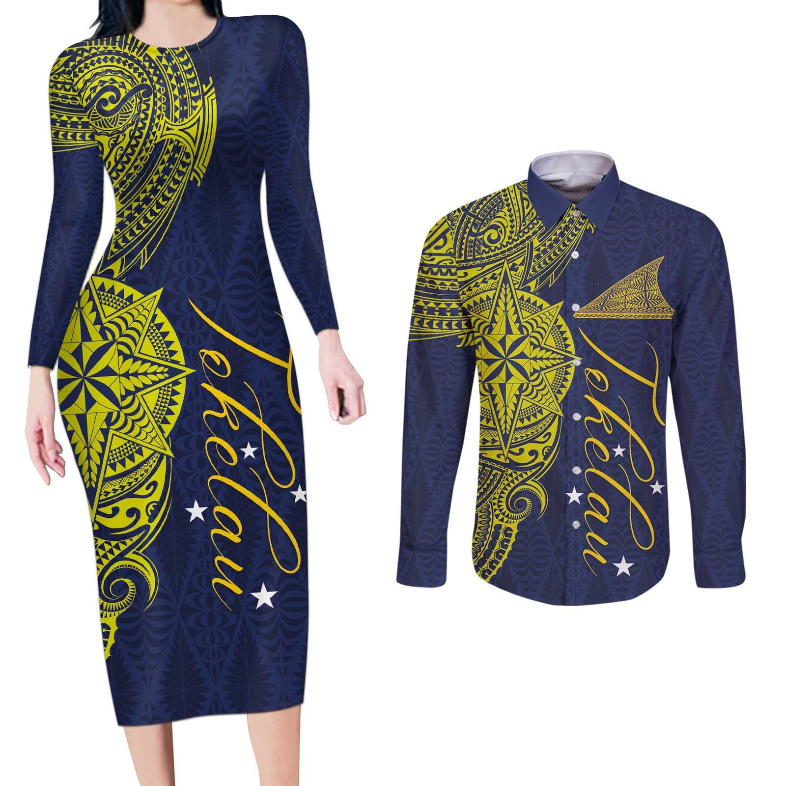 Personalised Tokelau Classic Ngatu Motifs Couples Matching Long Sleeve Bodycon Dress and Long Sleeve Button Shirt LT03 Blue - Polynesian Pride