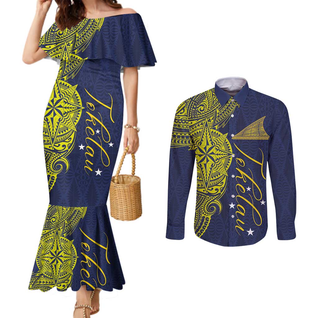 Personalised Tokelau Classic Ngatu Motifs Couples Matching Mermaid Dress and Long Sleeve Button Shirt LT03 Blue - Polynesian Pride