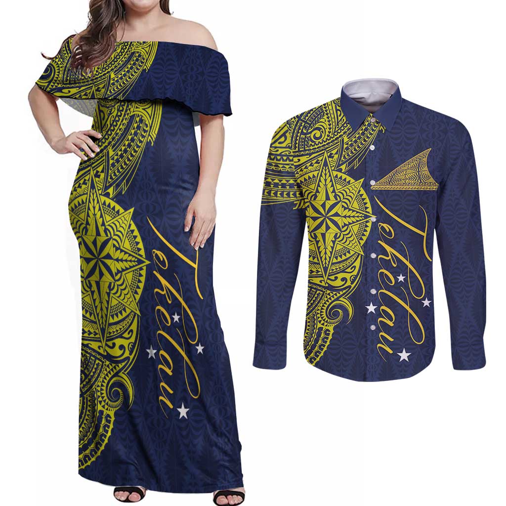 Personalised Tokelau Classic Ngatu Motifs Couples Matching Off Shoulder Maxi Dress and Long Sleeve Button Shirt LT03 Blue - Polynesian Pride