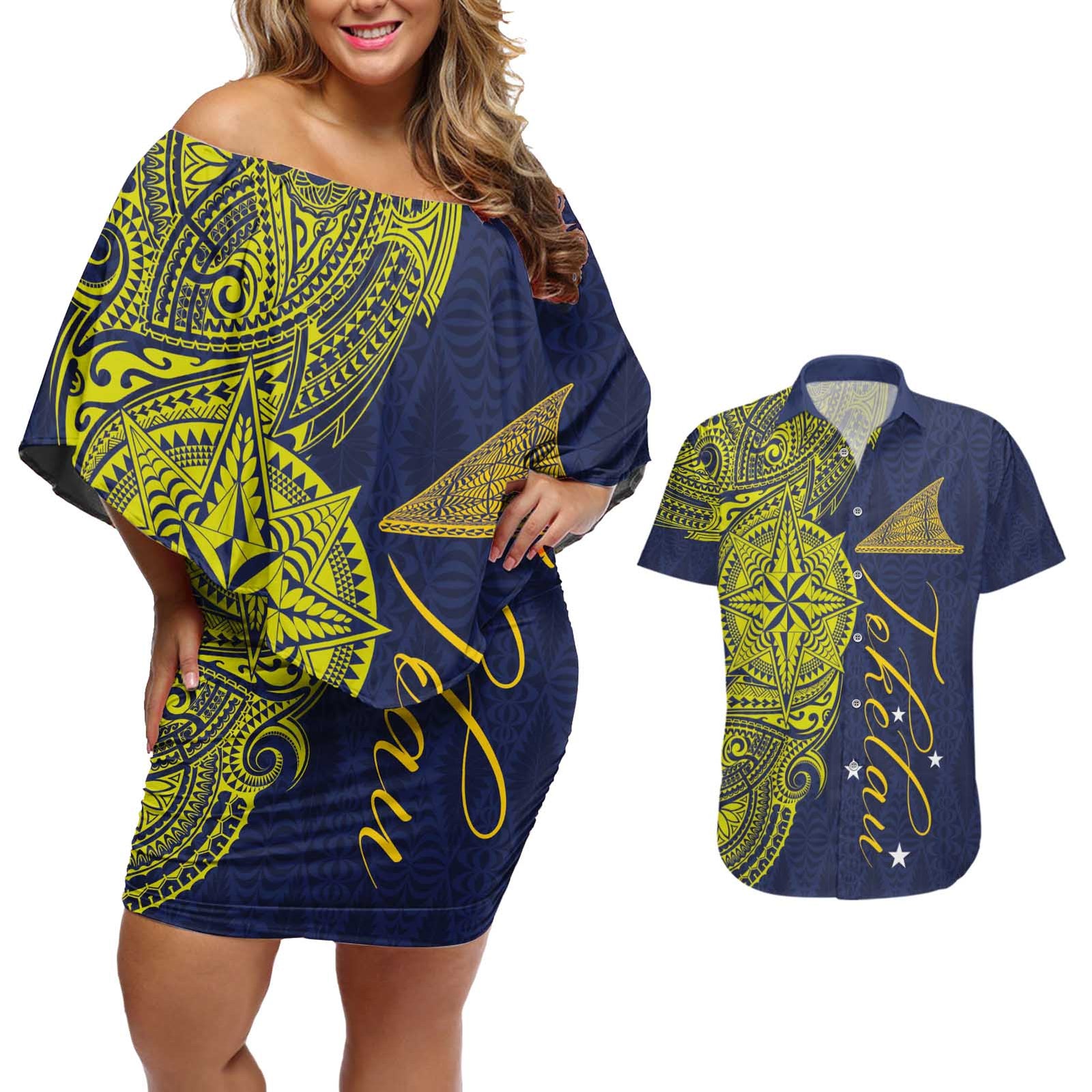 Personalised Tokelau Classic Ngatu Motifs Couples Matching Off Shoulder Short Dress and Hawaiian Shirt LT03 Blue - Polynesian Pride