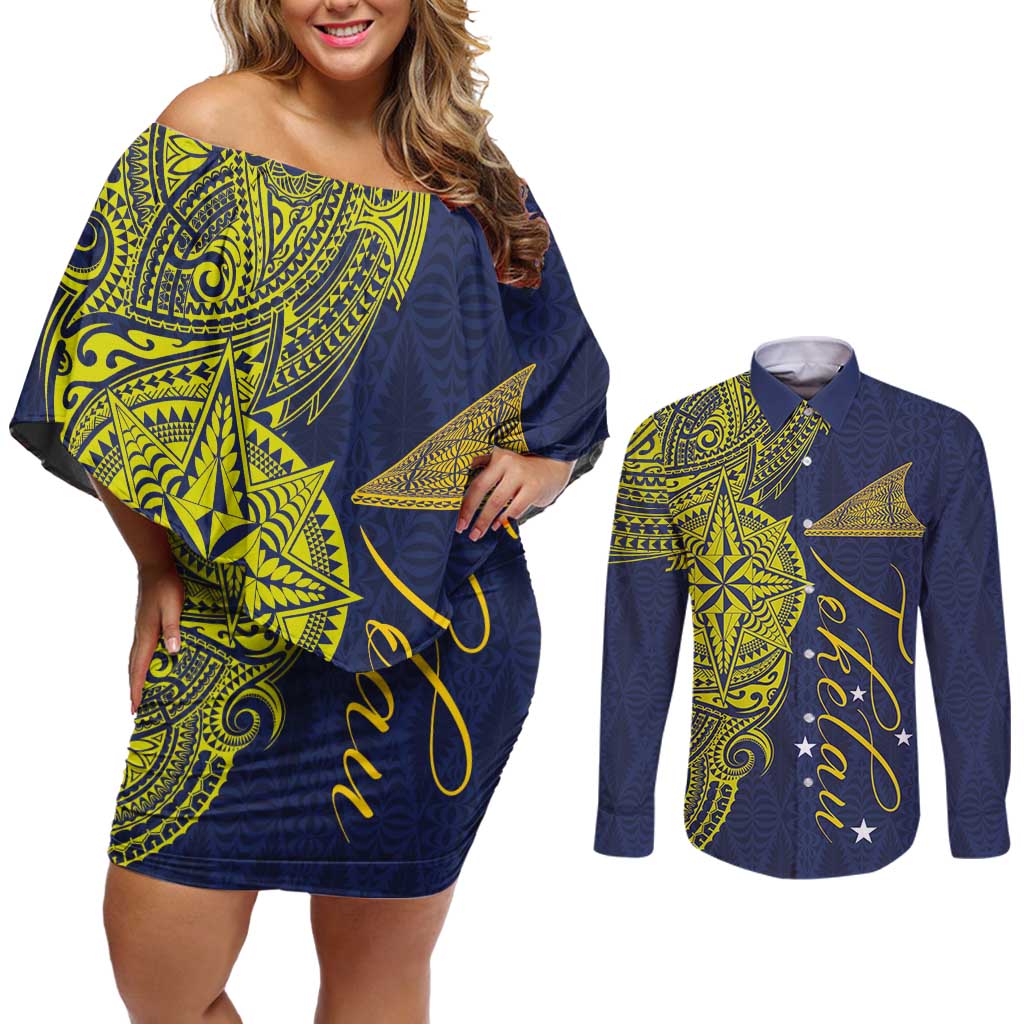 Personalised Tokelau Classic Ngatu Motifs Couples Matching Off Shoulder Short Dress and Long Sleeve Button Shirt LT03 Blue - Polynesian Pride