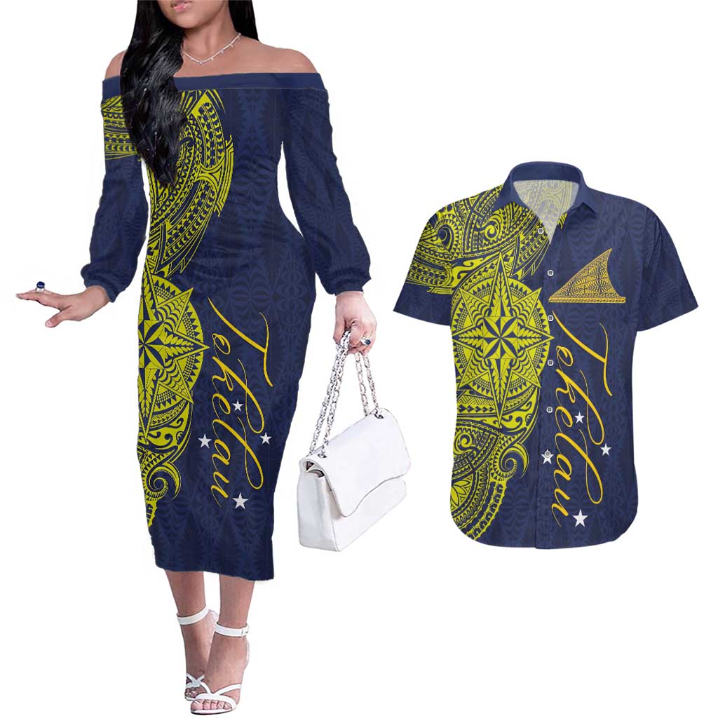 Personalised Tokelau Classic Ngatu Motifs Couples Matching Off The Shoulder Long Sleeve Dress and Hawaiian Shirt LT03 Blue - Polynesian Pride