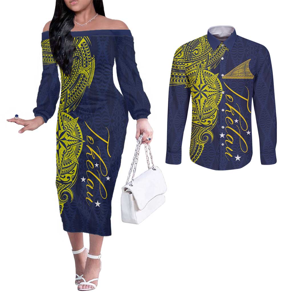 Personalised Tokelau Classic Ngatu Motifs Couples Matching Off The Shoulder Long Sleeve Dress and Long Sleeve Button Shirt LT03 Blue - Polynesian Pride