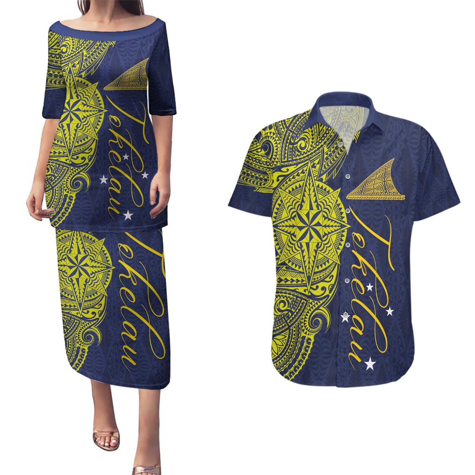 Personalised Tokelau Classic Ngatu Motifs Couples Matching Puletasi and Hawaiian Shirt LT03 Blue - Polynesian Pride