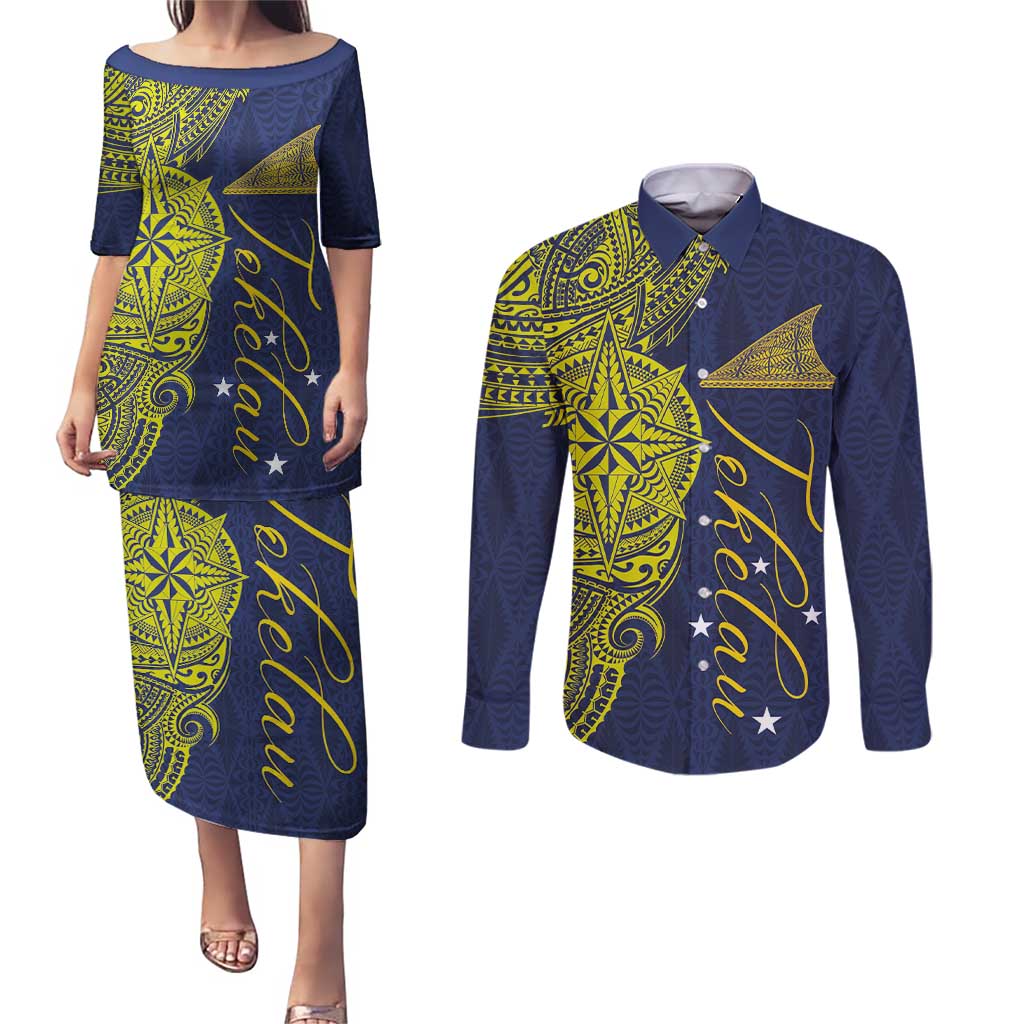 Personalised Tokelau Classic Ngatu Motifs Couples Matching Puletasi and Long Sleeve Button Shirt LT03 Blue - Polynesian Pride