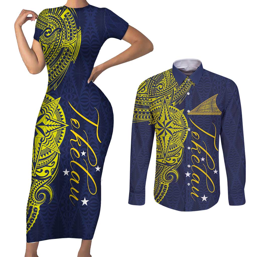 Personalised Tokelau Classic Ngatu Motifs Couples Matching Short Sleeve Bodycon Dress and Long Sleeve Button Shirt LT03 Blue - Polynesian Pride