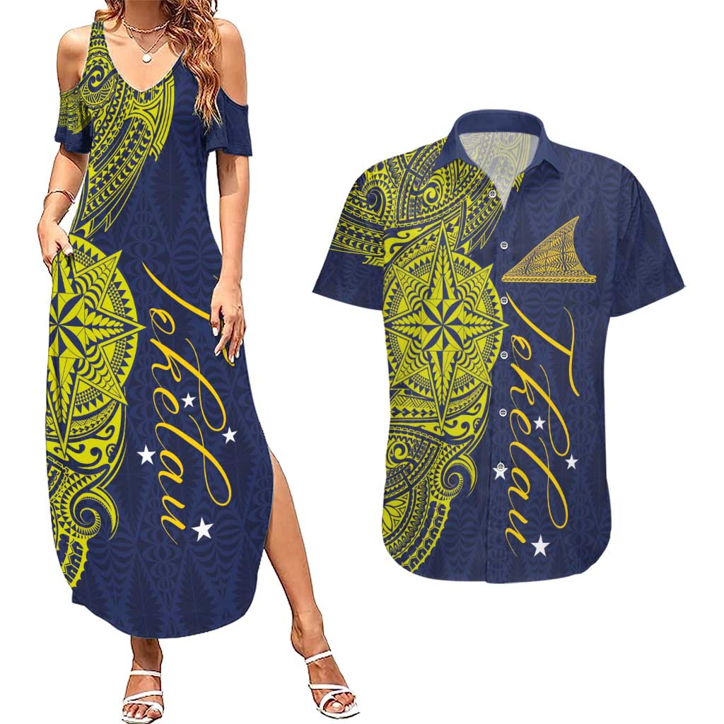 Personalised Tokelau Classic Ngatu Motifs Couples Matching Summer Maxi Dress and Hawaiian Shirt LT03 Blue - Polynesian Pride