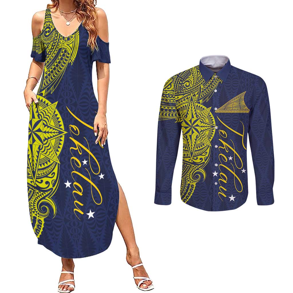 Personalised Tokelau Classic Ngatu Motifs Couples Matching Summer Maxi Dress and Long Sleeve Button Shirt LT03 Blue - Polynesian Pride