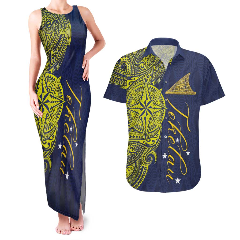 Personalised Tokelau Classic Ngatu Motifs Couples Matching Tank Maxi Dress and Hawaiian Shirt LT03 Blue - Polynesian Pride