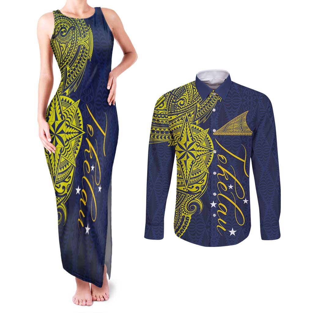 Personalised Tokelau Classic Ngatu Motifs Couples Matching Tank Maxi Dress and Long Sleeve Button Shirt LT03 Blue - Polynesian Pride