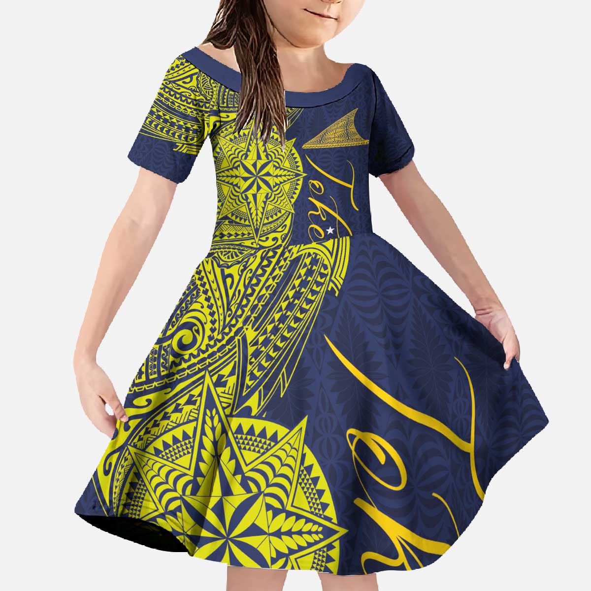 Personalised Tokelau Classic Ngatu Motifs Family Matching Off The Shoulder Long Sleeve Dress and Hawaiian Shirt LT03 Daughter's Dress Blue - Polynesian Pride