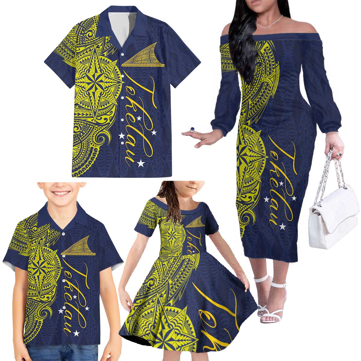 Personalised Tokelau Classic Ngatu Motifs Family Matching Off The Shoulder Long Sleeve Dress and Hawaiian Shirt LT03 - Polynesian Pride