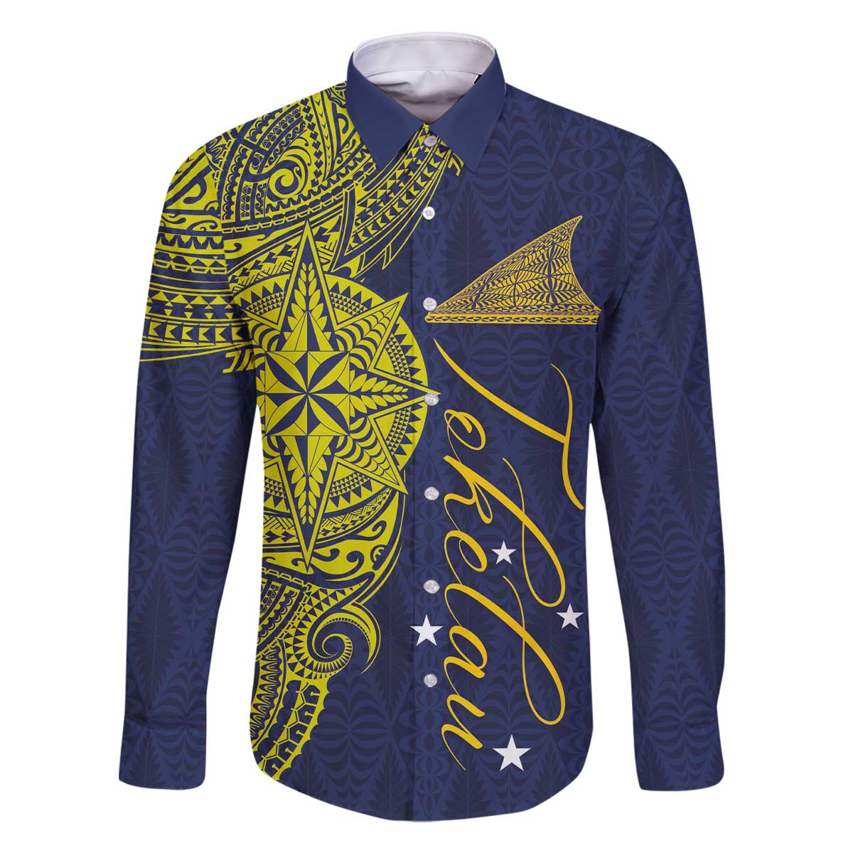 Personalised Tokelau Classic Ngatu Motifs Family Matching Off The Shoulder Long Sleeve Dress and Hawaiian Shirt LT03 Dad's Shirt - Long Sleeve Blue - Polynesian Pride