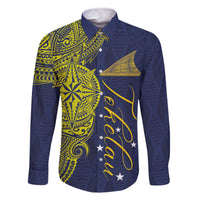 Personalised Tokelau Classic Ngatu Motifs Family Matching Off Shoulder Short Dress and Hawaiian Shirt LT03 Dad's Shirt - Long Sleeve Blue - Polynesian Pride
