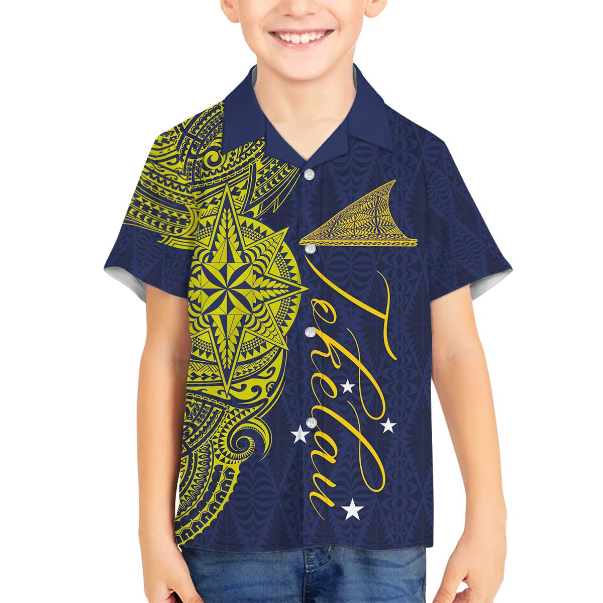 Personalised Tokelau Classic Ngatu Motifs Family Matching Off Shoulder Short Dress and Hawaiian Shirt LT03 Son's Shirt Blue - Polynesian Pride