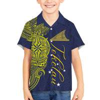 Personalised Tokelau Classic Ngatu Motifs Family Matching Off Shoulder Short Dress and Hawaiian Shirt LT03 Son's Shirt Blue - Polynesian Pride