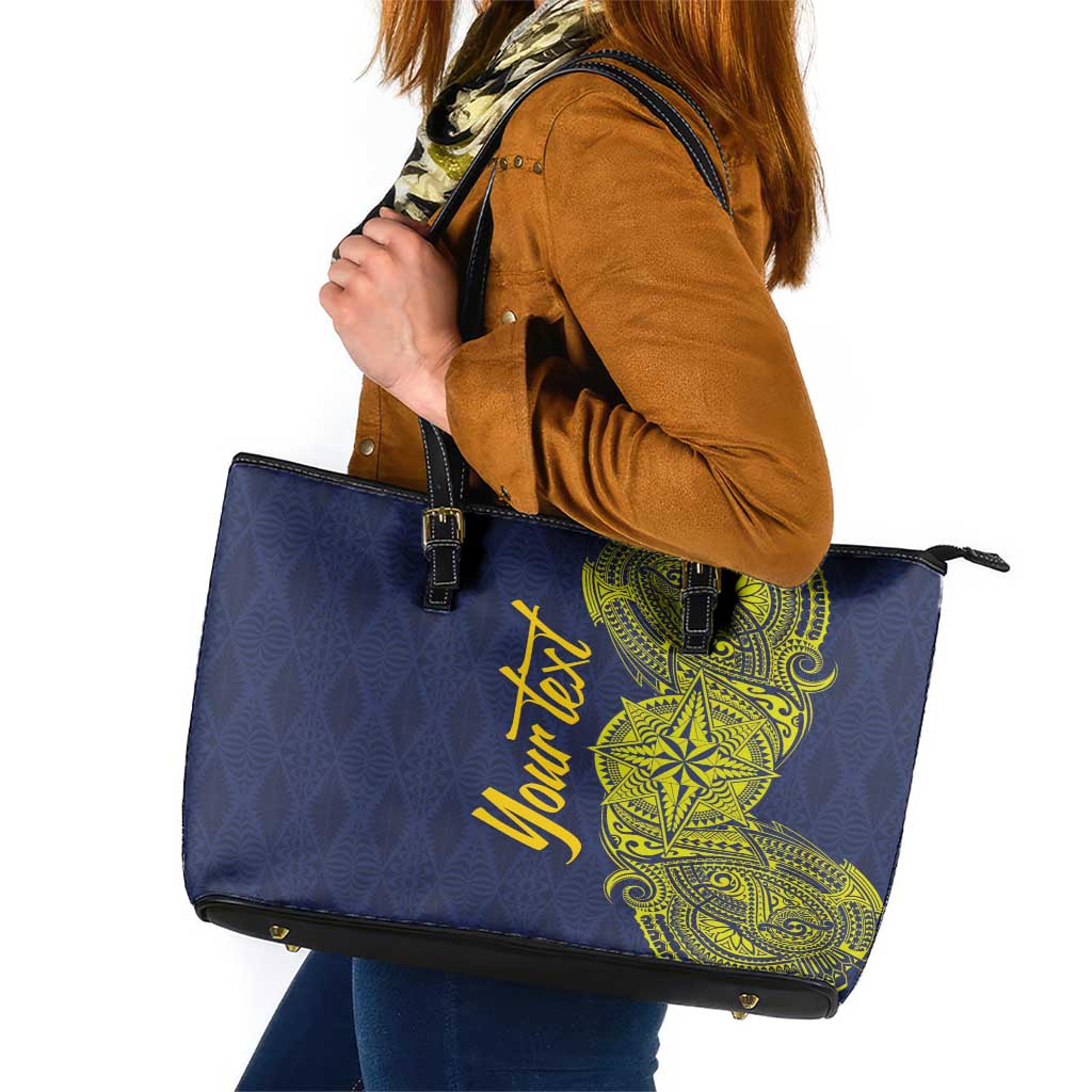 Personalised Tokelau Classic Ngatu Motifs Leather Tote Bag LT03 Blue - Polynesian Pride