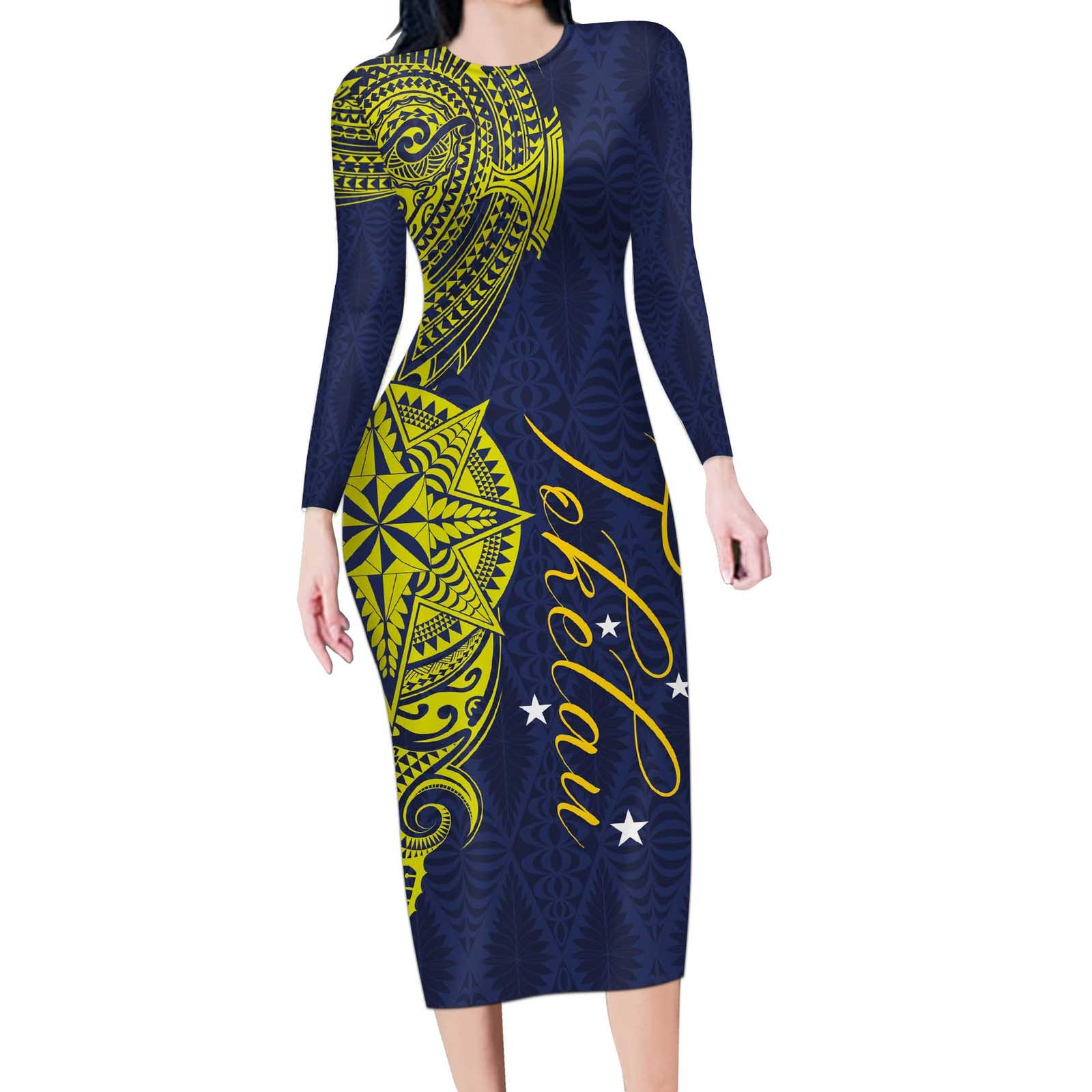 Personalised Tokelau Classic Ngatu Motifs Long Sleeve Bodycon Dress LT03 Long Dress Blue - Polynesian Pride