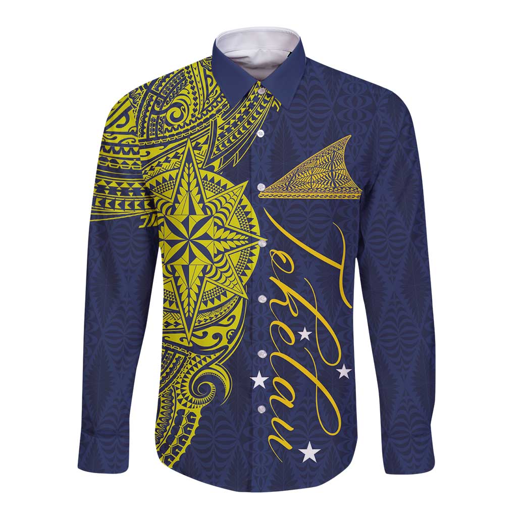 Personalised Tokelau Classic Ngatu Motifs Long Sleeve Button Shirt LT03 Unisex Blue - Polynesian Pride