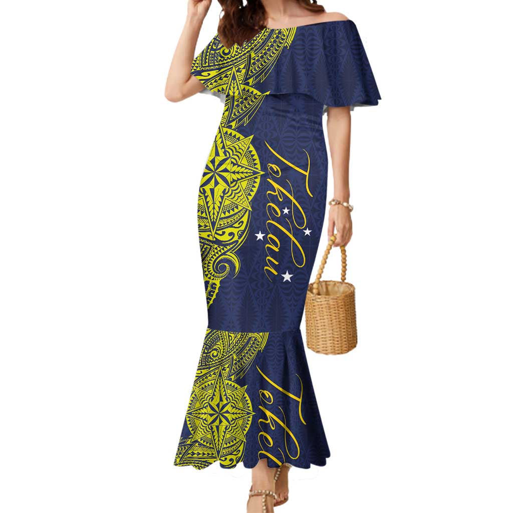 Personalised Tokelau Classic Ngatu Motifs Mermaid Dress LT03 Women Blue - Polynesian Pride