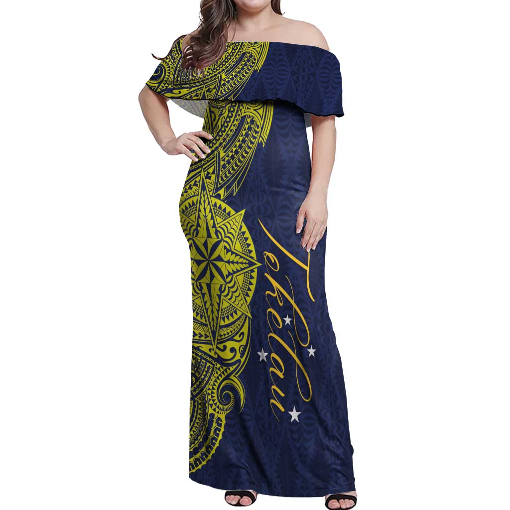 Personalised Tokelau Classic Ngatu Motifs Off Shoulder Maxi Dress LT03 Women Blue - Polynesian Pride