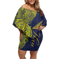 Personalised Tokelau Classic Ngatu Motifs Off Shoulder Short Dress LT03 Women Blue - Polynesian Pride