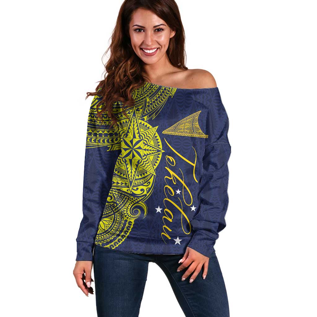 Personalised Tokelau Classic Ngatu Motifs Off Shoulder Sweater LT03 Women Blue - Polynesian Pride