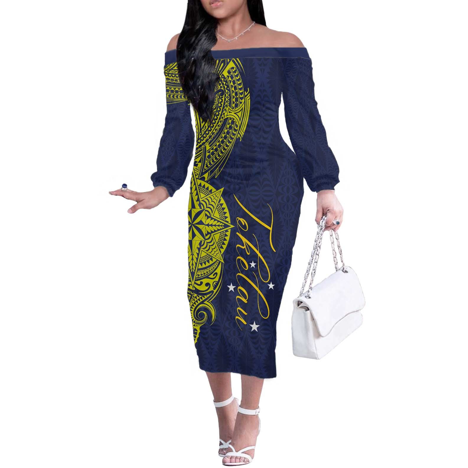 Personalised Tokelau Classic Ngatu Motifs Off The Shoulder Long Sleeve Dress LT03 Women Blue - Polynesian Pride