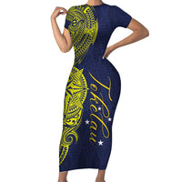 Personalised Tokelau Classic Ngatu Motifs Short Sleeve Bodycon Dress LT03 Long Dress Blue - Polynesian Pride