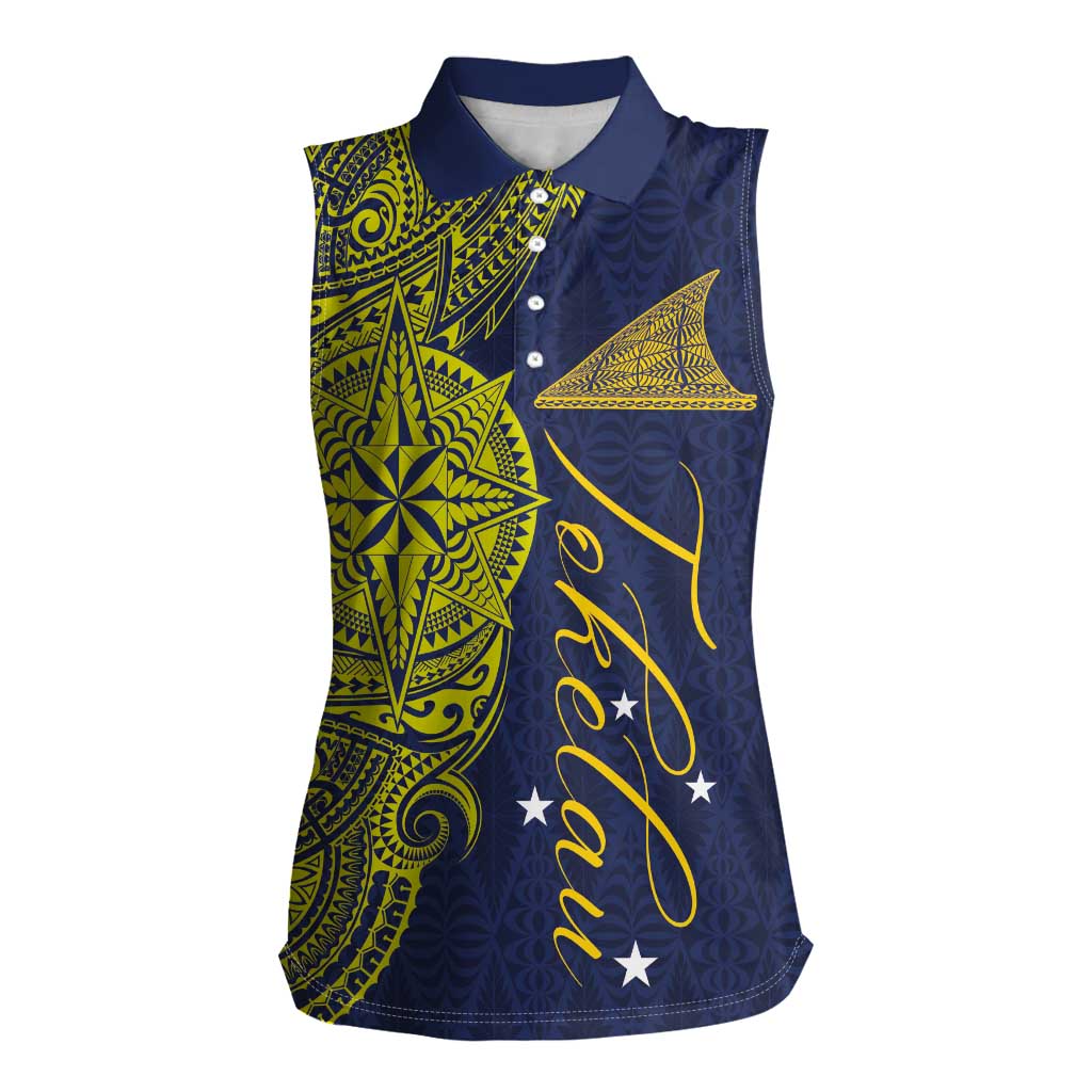 Personalised Tokelau Classic Ngatu Motifs Women Sleeveless Polo Shirt LT03 Female Blue - Polynesian Pride