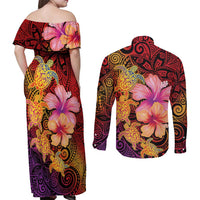 Hawaiian Hibiscus Turtle Tribal Polynesian Pattern Couples Matching Off Shoulder Maxi Dress and Long Sleeve Button Shirt Colorful Color