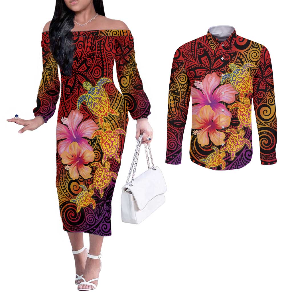 Hawaiian Hibiscus Turtle Tribal Polynesian Pattern Couples Matching Off The Shoulder Long Sleeve Dress and Long Sleeve Button Shirt Colorful Color