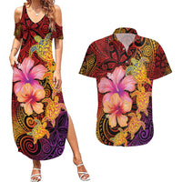 Hawaiian Hibiscus Turtle Tribal Polynesian Pattern Couples Matching Summer Maxi Dress and Hawaiian Shirt Colorful Color