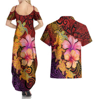 Hawaiian Hibiscus Turtle Tribal Polynesian Pattern Couples Matching Summer Maxi Dress and Hawaiian Shirt Colorful Color